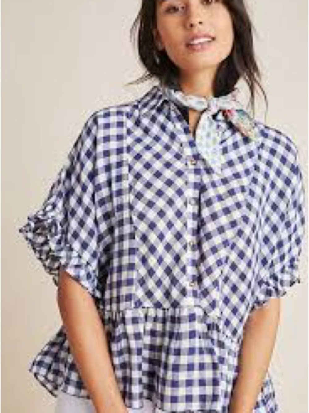 Anthropologie Maeve Flounced Gingham Blouse Blue White Ruffle Peplum XS